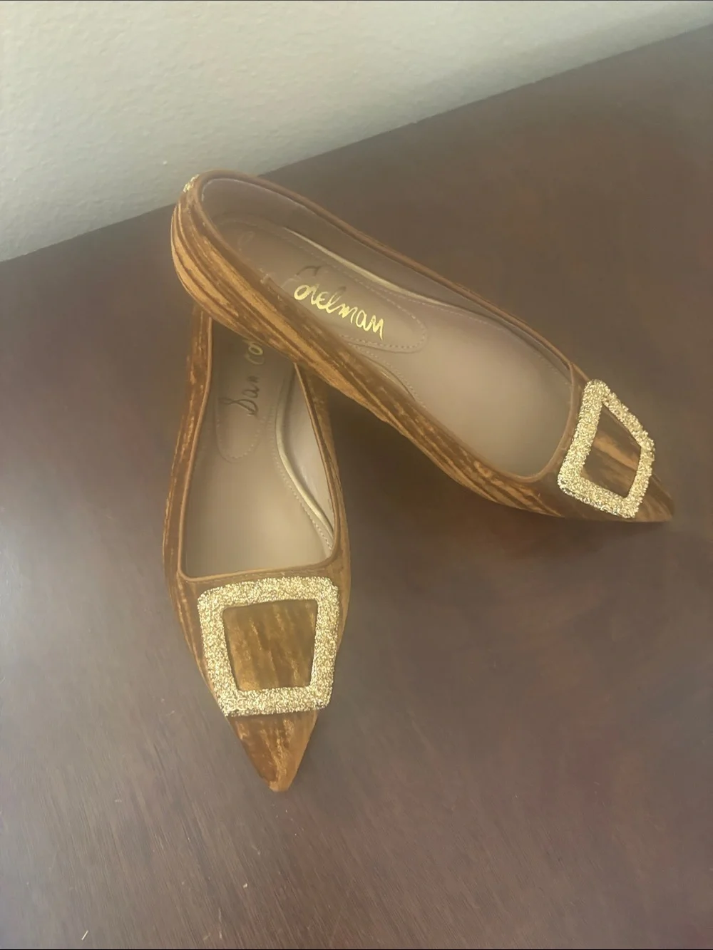 Sam Edelman Brown Velvet Pointed Flats with Gold Buckle size 8 NWOT